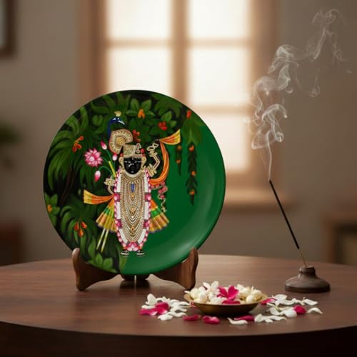 Image of Ritualistic Shreenathji Nathdwara Van Leela | Single Wall Plate with Handcrafted Wooden Stand | 10 inch
