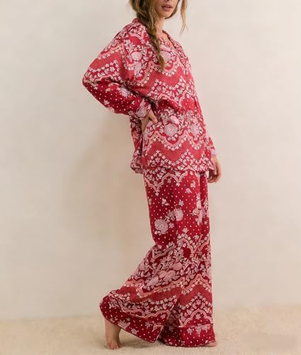 Image of Women Satin Pajama Set Floral Silk Pajamas 2 Piece Lounge Sets Button Down Shirts Wide Leg Pants Pjs Sleepwear