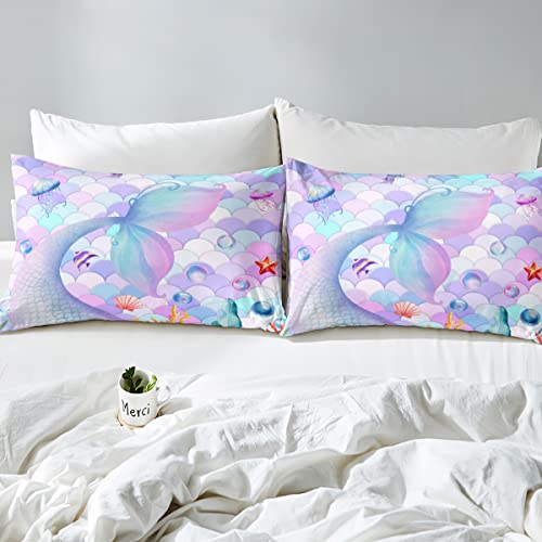 Erosebridal Little Mermaid Tail Sheet Set Dreamy Multicolor Fish Scale Bed Sheets,Starfish Fitted Sheet King,Seaweed Shell Coral Ocean Nautical Sea Animal Room Decor,Little Mermaid Gifts For Girls #TOP3