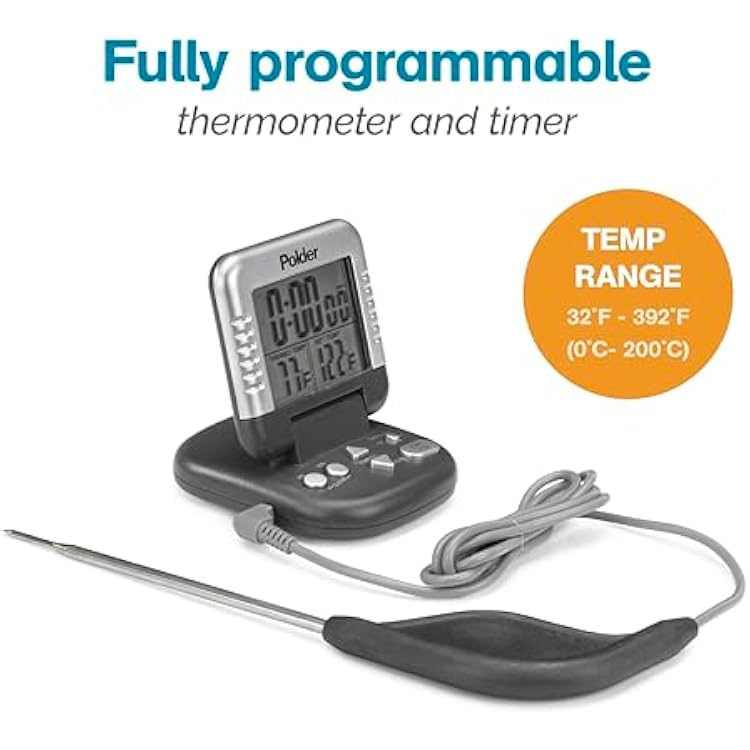 Polder Classic Digital Thermometer and Timer, Meat Thermometer for Cooking, Stainless Steel Probe, 24-Hour Countdown Timer with 40 Long, High-Heat Silicone Cord