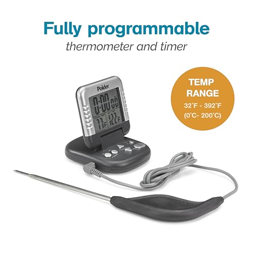 Polder Classic Digital Thermometer and Timer, Meat Thermometer for Cooking, Stainless Steel Probe, 24-Hour Countdown Timer with 40\" Long, High-Heat Silicone Cord - Thumbnail 3