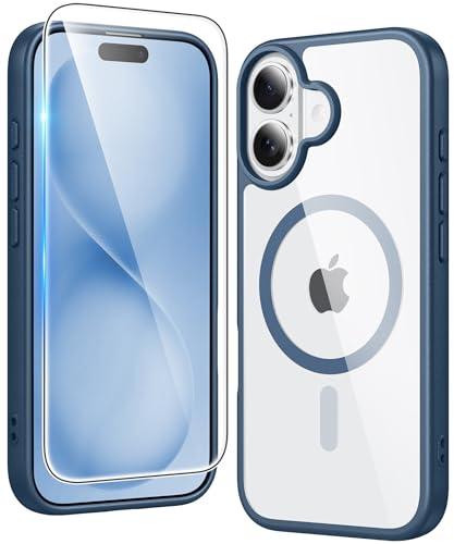 Image of FNTCASE for iPhone 16 Plus Case: Clear Magnetic Phone Cases with Screen Protector Compatible with Magsafe Slim Anti Yellowing Rugged Shockproof Protective Transparent Cell Phone Cover (B-Blue)