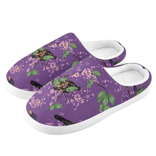 JUNZAN Cute Starling Birds Purple Womens Cotton House Slippers Non Slip Memory Foam Ladies Slippers for Hotel Birthday Presents 6-74