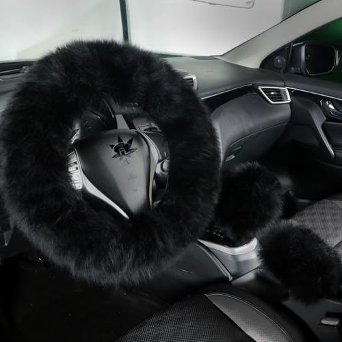 Fluffy Genuine Sheepskin Steering Wheel Cover Set for Women Parents-Fuzzy Soft Australian Merino Wool Wrap with Gear Shift and Hand Brake Covers Cozy Stylish Luxury Car Accessories (Black)