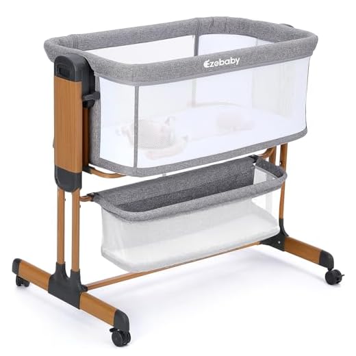 Ezebaby Baby Bassinet, Rocking Bassinet for Baby, Bedside Bassinet with Wheels, Storage Basket, Adjustable 7 Heights and All Mesh Sides, Portable Baby Bassinets Bedside Sleeper for Newborn Infant