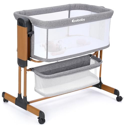 Ezebaby 3-in-1 Baby Bassinet, Rocking Baby Bassinets Bedside Sleeper, Adjustable Portable Crib for Newborn Infant with Wheels Storage Basket and Mesh Sides