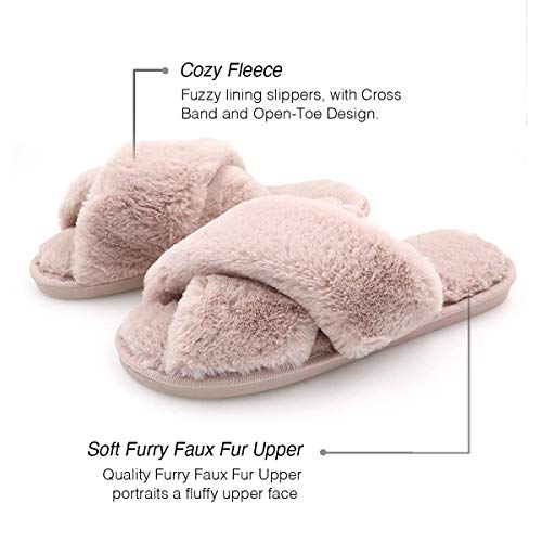 The Season Essentials U-slide Women’s Cross Band Soft Plush Fluffy Furry Fleece House Indoor or Outdoor Ladies’ Slide Slippers (Powder Pink, Large/9-10)2