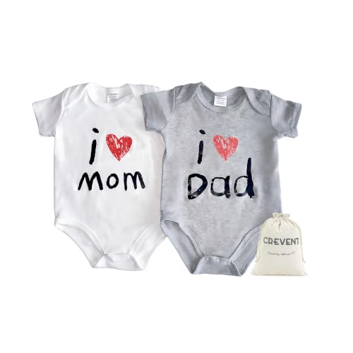 Image of CREVENT Set for Newborns 0-3 Month 100% Cotton Bodysuit- I Love Dad & Mom Onesie 2 Packs (Grey & White Rompers with a Cotton Gift Bag)