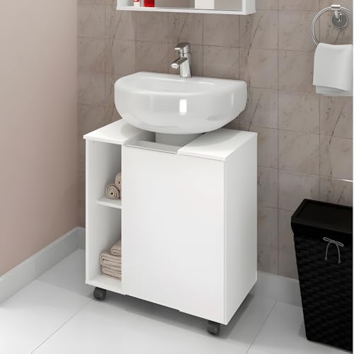 Gabinete Banheiro Para Pia De Coluna Com Rodinhas Armario Moderno E Organizador Com 1 Porta Nichos e