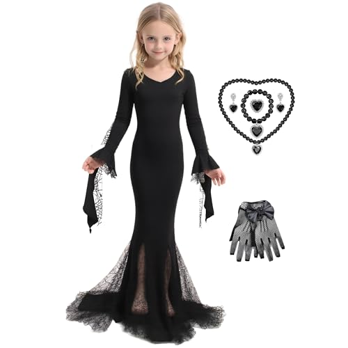 Vintage Gothic Mermaid Dress for Girls Witch Style Long Bell Sleeves with Lace Trim Floor Length Gowns