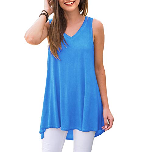 AWULIFFAN Women's Summer Sleeveless V-Neck T-Shirt Short Sleeve Sleepwear Tunic Tops Blouse Shirts (True Blue,Large)