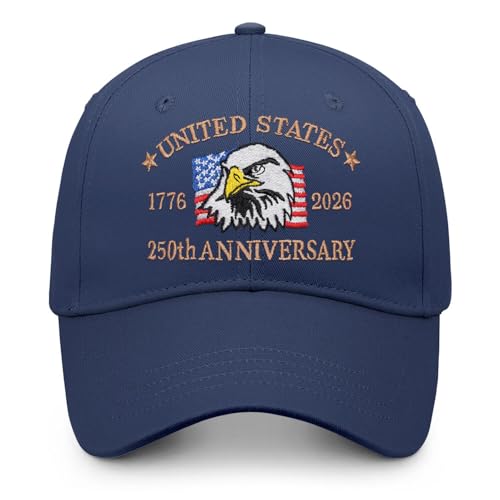 250th Anniversary USA Hat Embroidered American Flag Classic Patriotic Baseball Cap Adjustable Cotton Dad Hat Navy-Blue