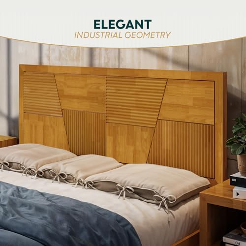 Image of Bme Trapeze Queen Bed Frame - Modern Solid Wood Bed with Smooth Pattern Headboard, Black Metal Legs, Teak Brown Finish - Durable Queen Size Platform Bed for Contemporary Bedrooms