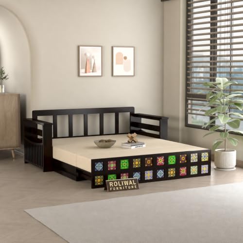 Image of Solid Sheesham Wood Sofa Cums Bed with Mattress & Storage | Rosewood Convertible Sofa Bed for Living Room & Bedroom (F-Walnut, 3 Seater)