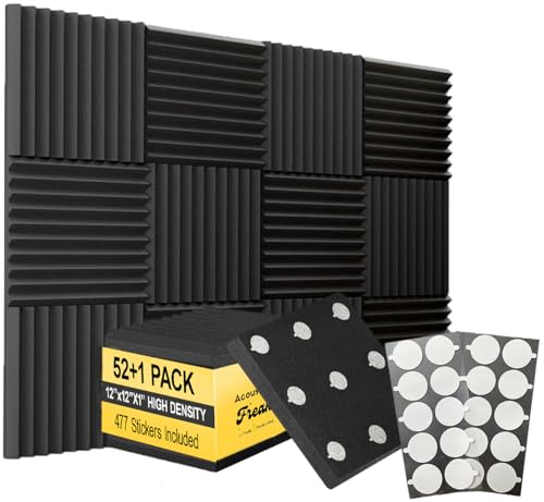 ?52+1 Pack High Density Wedge Acoustic Foam Panel | 12” x 12” x 1” | Sound Dampening/Sound Proofing Panels | Adhesive Stickers Included - Studio Foam
