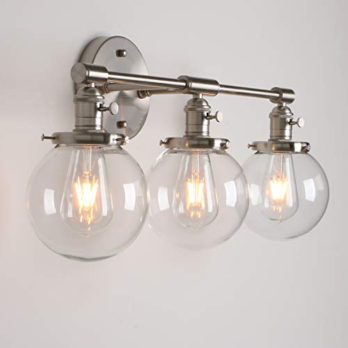 Permo Vintage Industrial Antique Three-Light Wall Sconces With Mini 5.9" Round Clear Glass Globe Shade (Brushed) #TOP2