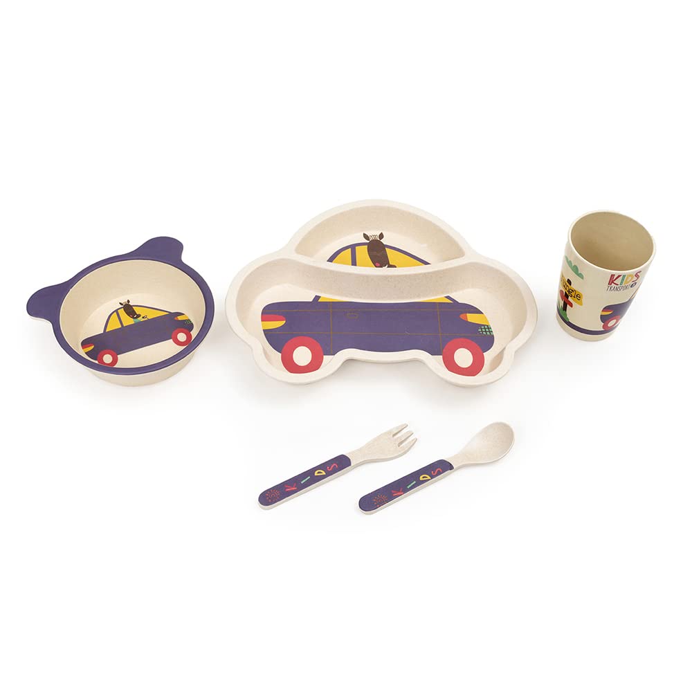 EZ Life 5 Piece Kids Meal Set - Cool Car - Eco Friendly Bamboo Fibre - Plate - Bowl - Spoon - Fork and Cup - White-Purple Crockery Dinner Set, Dinnerware, Home Kitchen, Kids Dinner Plate, Serveware-image-1