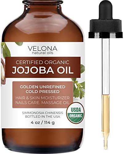 velona Jojoba Oil USDA Certified Organic - 4 oz (With Dropper) | Golden, Unrefined, Cold Pressed | For Face Hair Body Skin Care, Stretch Marks, Cuticles | Moisturizing Natural Carrier Oil Hexane Free
