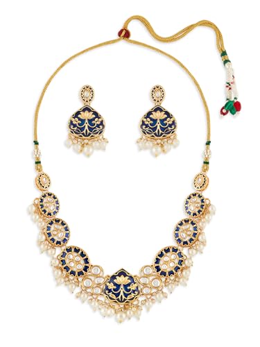 ZAVERI PEARLS Blue Meenakari Lotus Design Kundan & Pearls Embelli...