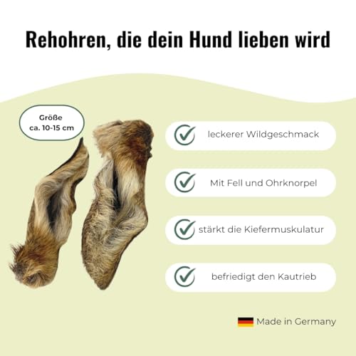 GOOPSI Rehohren für Hunde - 12 Stück, Ohren mit Fell Kauartikel Hund wild, Naturkauartikel, Zahnreinigung Hundeleckerli kauen, Leckerli Kauspaß, aus Deutschland