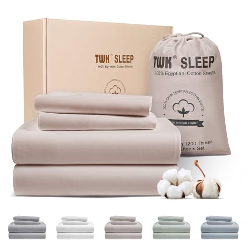 Image of TWK 1200 Thread Count 100% Egyptian Cotton Bed Sheets Set, Heavy-Duty Thickness, Long-Lasting Durability, Pilling Resistant, 18 Inch Max Deep Pockets (Sand, Full)