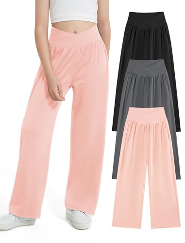 Image of EXARUS 3 Pack Girls Wide Leg Pants Baggy /Tapered Loose Casual Summer | Teen Flowy Tween Beach School Vacation Trousers Youth Junior Preteen Bottoms Lightweight Soft Kids 6-14Y