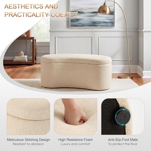 Image of Zesthouse Storage Bench for Bedroom End of Bed, 39.4 inch Small Curved Entryway Ottoman Bench, Beige Linen Fabric Bench Seat for Living Room Hall Mudroom, Modern Upholstered Coffee Table Crescent Shape