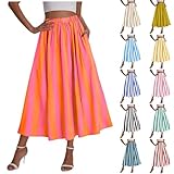 Womens Summer Striped Maxi Skirts 2026 A Line Elastic Waist Boho Flowy Skirt Spring Outfits for Work Beach Vacation Hot Pink L