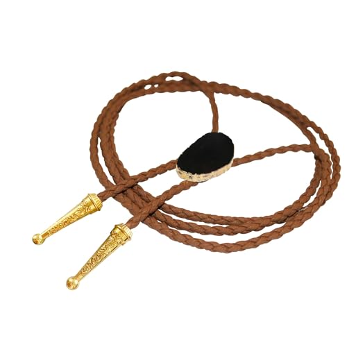 Image of Daisy Del Sol Gemstone Bolo Tie Braided Vegan Faux Leather Natural Stone Gold Handmade Necklace Adjustable Boho Western Jewelry
