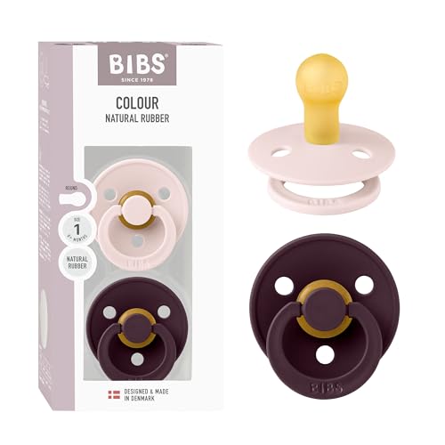 Image of BIBS Colour Pacifier 2-Pack, BPA Free, Round Nipple. Natural Rubber Latex, Size 1 (0-6 Months) - Petal /Plum