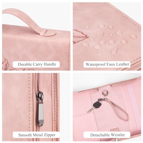 Bible Cover for Women - Leather Study Case with Bookmark, Supplies Carrying Bag Tote with Strap, Personalized Book Organizer for Journaling - Pink