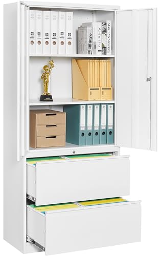 SISESOL 2 Drawer Lateral File Cabinet with Lock and Shelf,71" White Filing Storage Cabinet with Doors,Locking Metal Storage Cabinets with Drawers for Home,Office,Garage,School,Fit A4/Letter/Legal File
