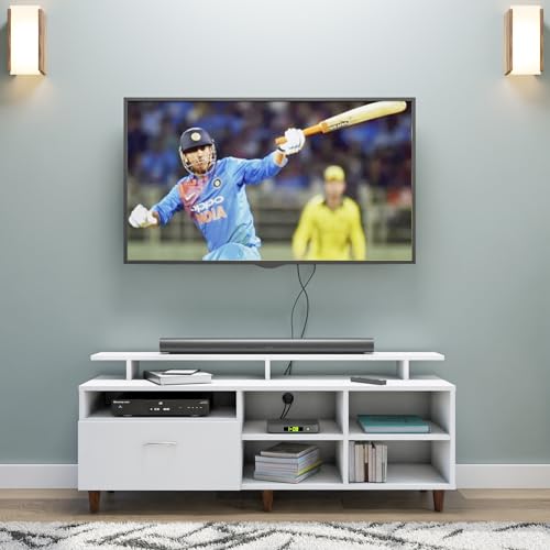 Image of VIKI Modern TV Unit for Living Room | Engineered Wood TV Cabinet with 1 Drawer Storage, 2 Open Shelves & Extension, Entertainment Unit, 140W x 48H x 40D cm | DIY | 1 Year Warranty (White)
