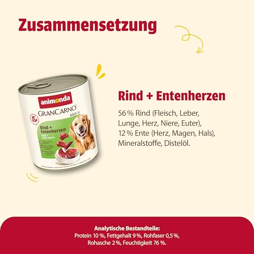 animonda GranCarno Hunde Nassfutter mit Rind + Entenherzen (6 x 800 g), getreidefreies Hundenassfutter ohne Zucker, für ausgewachsene Hunde, mit frischen fleischigen Zutaten