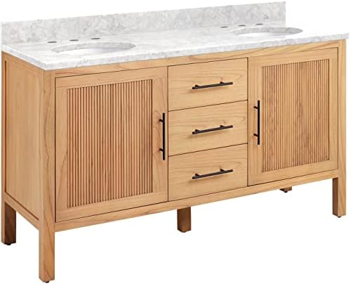 Signature Hardware 481808 Ayanna 60" Free Standing Double Vanity Set with Mindi Wood Cabinet, Vanity Top and Oval Undermount Vitreous China Sink - 8" Faucet Holes - Natural Mindi/Carrara Marble