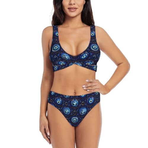 Coxfurio Evil Eye (2) Print Women's Bikini Sets Two Piece Swimsuit High Waisted V Neck-Large Black