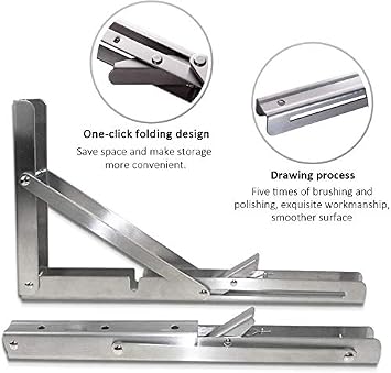 Folding Shelf Brackets, Heavy Duty Stainless Steel Collapsible DIY Wall Mounted Shelf Bracket, Max Load: 150 lb, for Table Work Bench Space Saving, Pack of 2 (8 Inch, Stainless Steel)