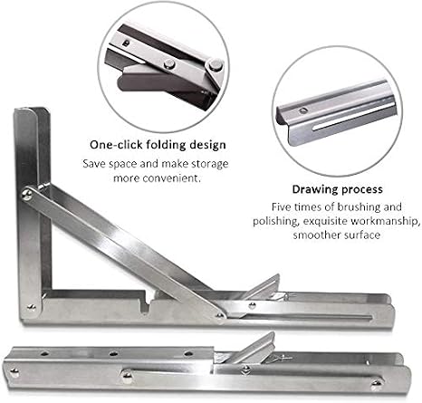 Folding Shelf Brackets, Heavy Duty Stainless Steel Collapsible DIY Wall Mounted Shelf Bracket, Max Load: 150 lb, for Table Work Bench Space Saving, Pack of 2 (8 Inch, Stainless Steel)