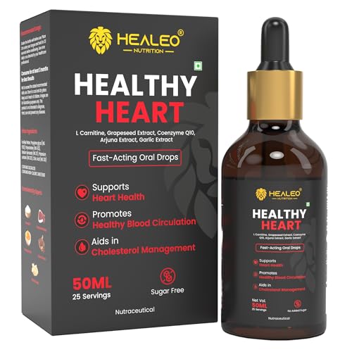 Image of Healeo Healthy Heart Drops 50ml - Fast-Acting Liquid Supplement with CoQ10, Arjuna, Grapeseed Extract, L-Carnitine - Supports Cholesterol, Blood Pressure & Circulation, No Sugar, Non-GMO