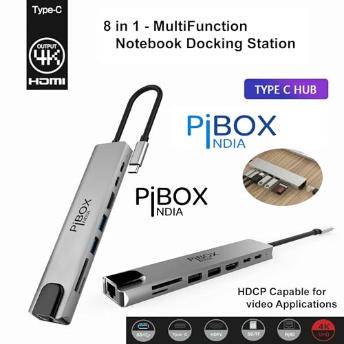Image of pibox India USB C Hub Dock 8 in 1 Aluminum Type C Adapter with 4K HDMI Port, Ethernet 100mbps RJ45 Port, 2 USB 3.0 Ports, USB-C Power Delivery, TF /SD Card Reader, MacBook /Dell /Samsung USB C Devices