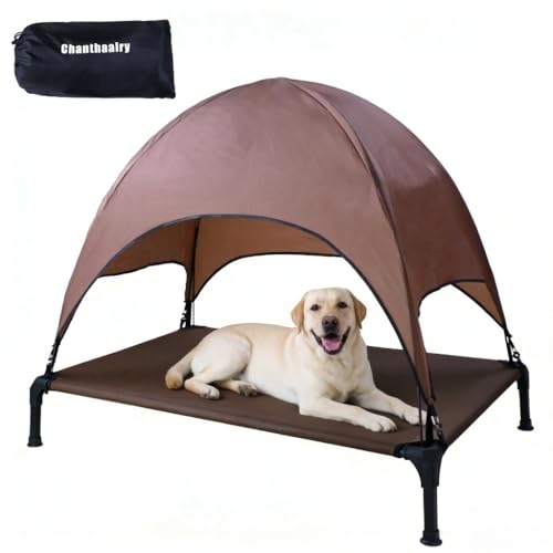 Chanthaalry Outdoor Elevated Dog Cot, Portable Pet Bed with Removable Shade Water Resistant, Breathable Cooling Dog Camping Tent for Large Dogs Indoor Outdoor Backyard Camping Beach