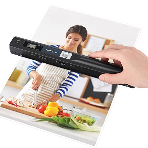 The MUNBYN black handheld wand scanner, slim and pen-like, next to an A4 document