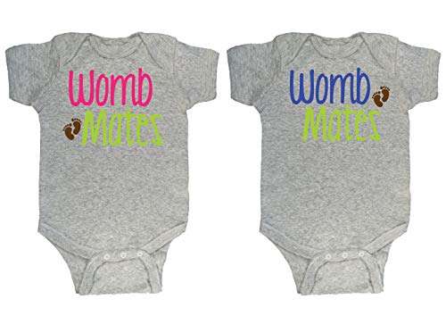 Twin Baby Onesie Set | Womb Mates (2 Onesies) | Size 0-3 Months | 1 Pink on Grey and 1 Blue on Grey Bodysuit |Baby Onesies for Twins by Bebe Bottle Sling