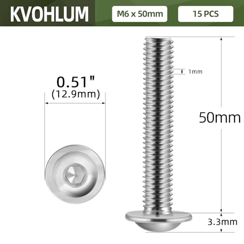 Image of M6-1.0 x 50mm 15 PCS Flanged Button Head Socket Cap Bolts Screws, Stainless Steel 304, Allen Socket Drive, Screwdriver Bit Included, Bright Finish, Fully Machine Thread