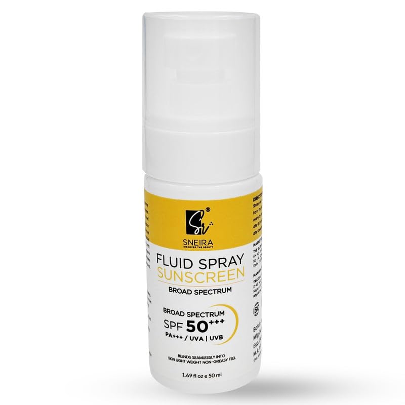 SNEIRA Fluid Spray Sunscreen (50ml),For Broad Spectrum SPF 50+++ & PA+++, Broad Spectrum for Face-Body with No White Cast, Paraben Free, Water Resistant UVA/UVB Protection Fragrance-Free