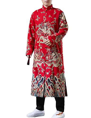 Ystylee Men's Trench Coat Long Kimono Jacket Chinese Dragon Printed Open Front Frog Buttons Loose Overcoat3