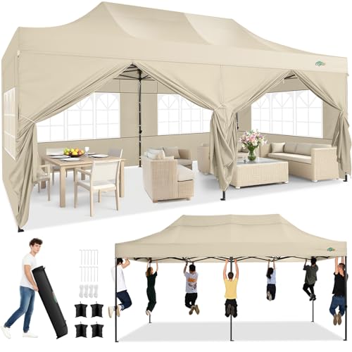 Image of COBIZI 10x20 Heavy Duty Pop Up Canopy Tent with 6 Sidewalls Thicken Frame, Commercial Easy Up Outdoor Wedding Party Tents, All Season Waterproof Windproof with Stakes Sandbags Ropes Roller Bag, Khaki