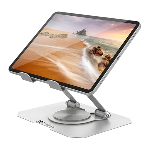 Image of BonKaso 360 Rotating Aluminium Tablet Stand, Multi-Angle Adjustable Holder with Anti-Slip Base, Compatible with iPad Pro /Air /Mini, Samsung Galaxy Tab & All Tablets - Silver
