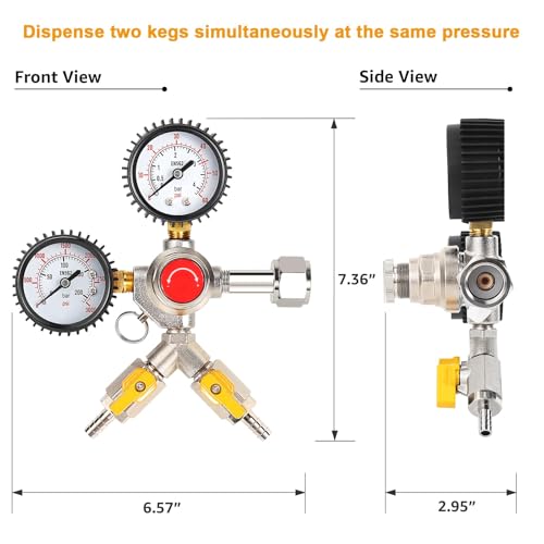 Image of Y-Shaped Co2 Regulator for Kegerator - CGA320 Co2 Pressure Regulator for 2 Beer Kegs, Commercial Dual Gauge Co2 Tank Regulator Kegerator Parts, Kegerator Regulator with 4 Hose Clamps