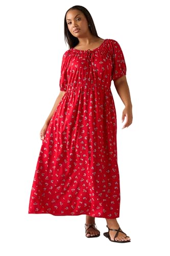 Image of Yours Curve Ditsy Floral Tie Neck Maxi Dress - Women's - Plus Size Curve Red